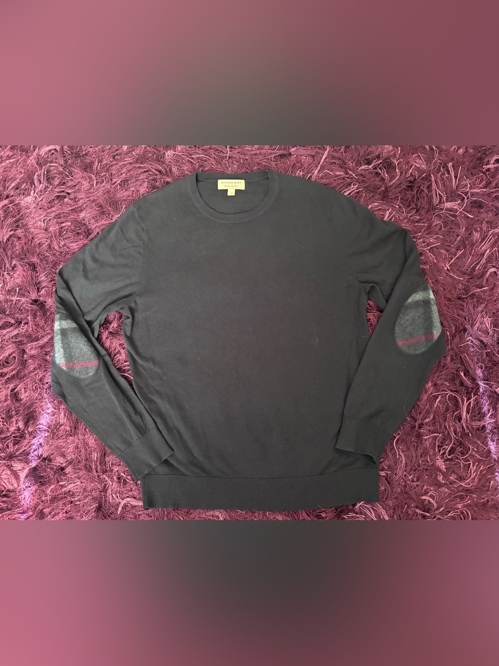 Burberry Black Crewneck Sweater with Plaid Elbow Patches